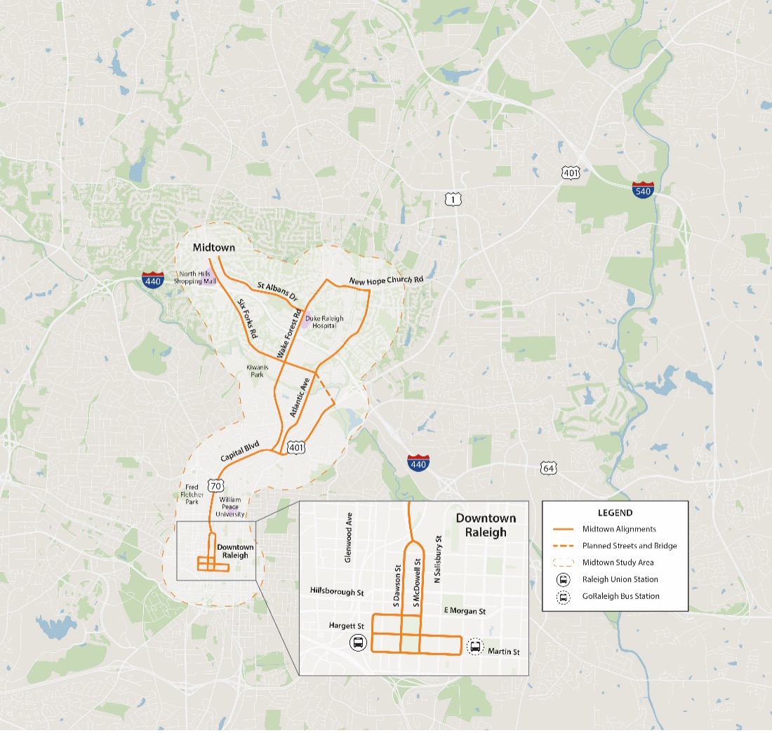 Downtown Raleigh to Midtown Raleigh BRT Map