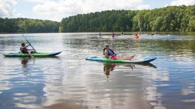 Two kayakers on lake johnson