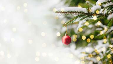 Christmas tree with lights and singular red ball ornament