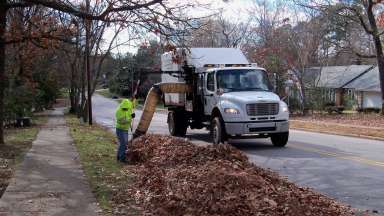 Collection truck vacuuming leaves from side of road