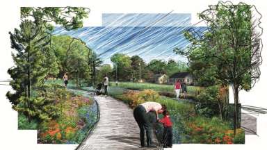 A rendering of Dix Park Plaza &amp; Play by MVVA featuring a curved pathway through gardens and trees. People are walking on the path and throughout the park.