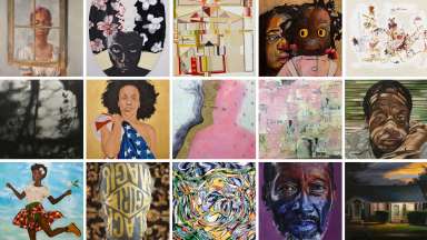 A grid featuring artworks from the Municipal Art Collection by artists Jasmine Best, Alia El-Bermani, Barbara Campbell Thomas, Clarence Heyward, Janet Link, Beverly McIver, Carmen Neely, Alberto Ortega, Lakeshia T Reid, Robyn Scott, Saba Taj, William Paul Thomas, Telvin Wallace, Stephanie Woods, and Antoine Williams.