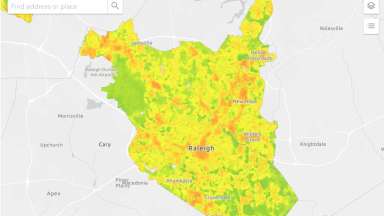 Heat map showing urban heat islands in Raleigh