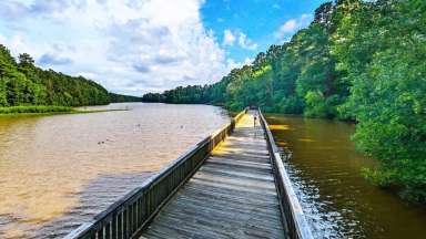 A boardwalk crossing over Lake Lynn