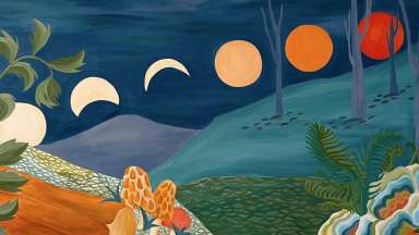 Landscape with moons moving across a whimsical hilly night scene