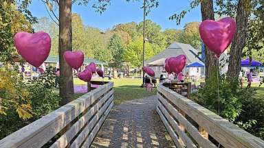 pink heart shaped ballons on the bridge at Southgate park