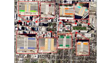 Ariel satellite image of downtown Raleigh with eight locations marked for raised pedestrian safety crossings and artwork