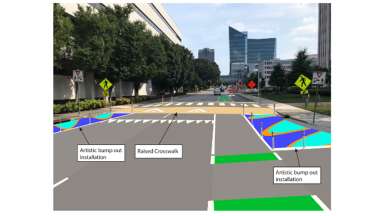 Rendering of a downtown street showing placement of pedestrian safety murals