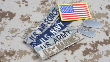 us military branch tapes and tags on camouflage uniform background