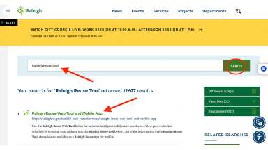 Screenshot of search function on raleighnc.gov showing how to search for Raleigh Reuse tool