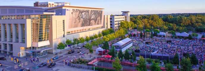 Aerial view of the Raleigh Convention Center and the amphitheater