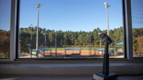 View out of window of baseball field