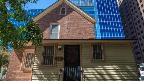 A close up exterior shot of the front door at the Pope House