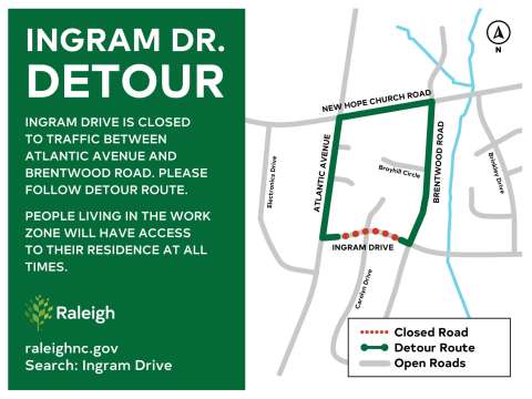 Detour map, shows that Ingram Drive is closed between Atlantic Avenue and Brentwood Road.