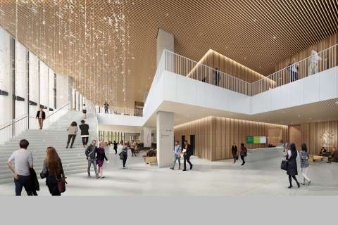 A rendering of a lobby with a staircase and suspended light installation