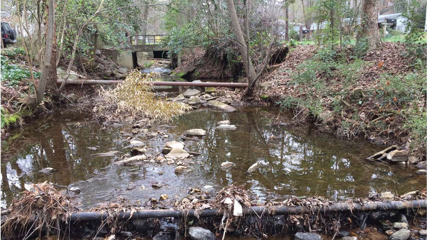 The stream along Swift Drive with old stormwater pipes and culverts