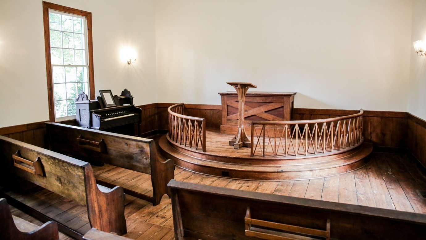 Inside the historic chapel on the park grounds 