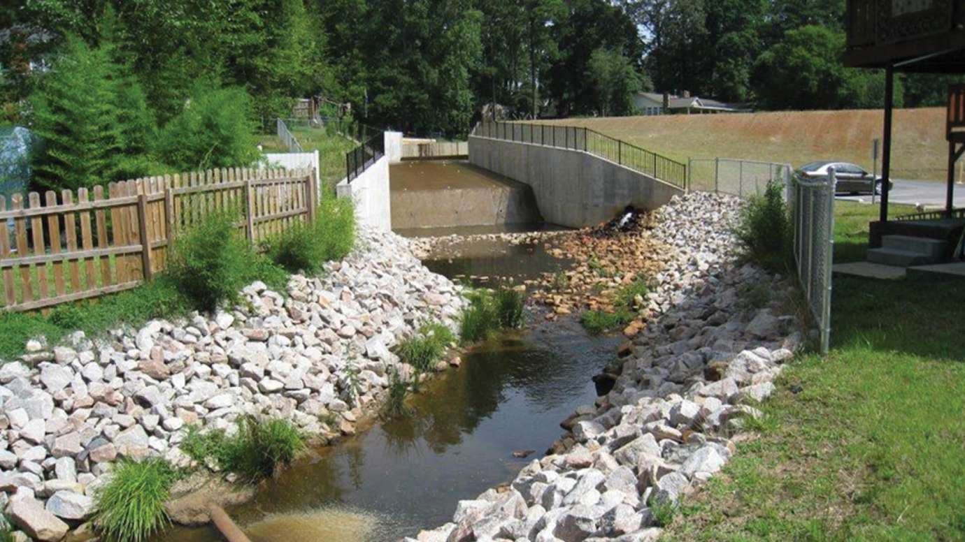 The downstream view of the dam at North Shore Lake