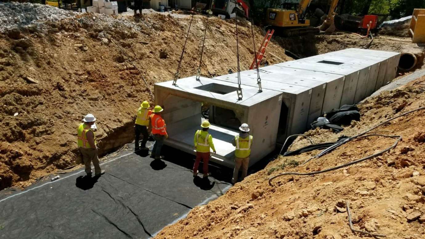 A box-shaped stormwater culvert being installed to carry stormwater along Knights Way