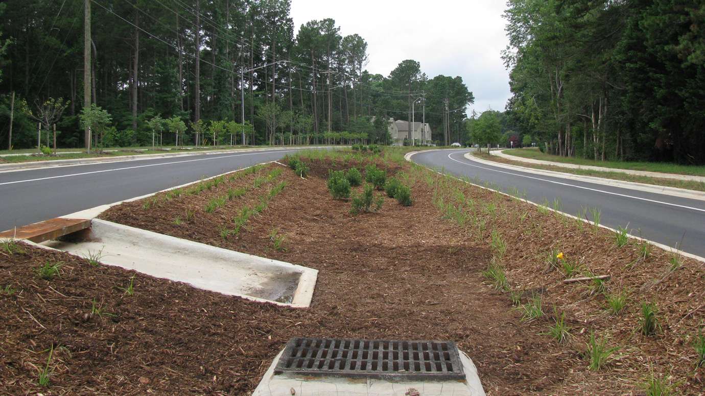 The drain from the street to the bioretention area on Sandy Forks Road 