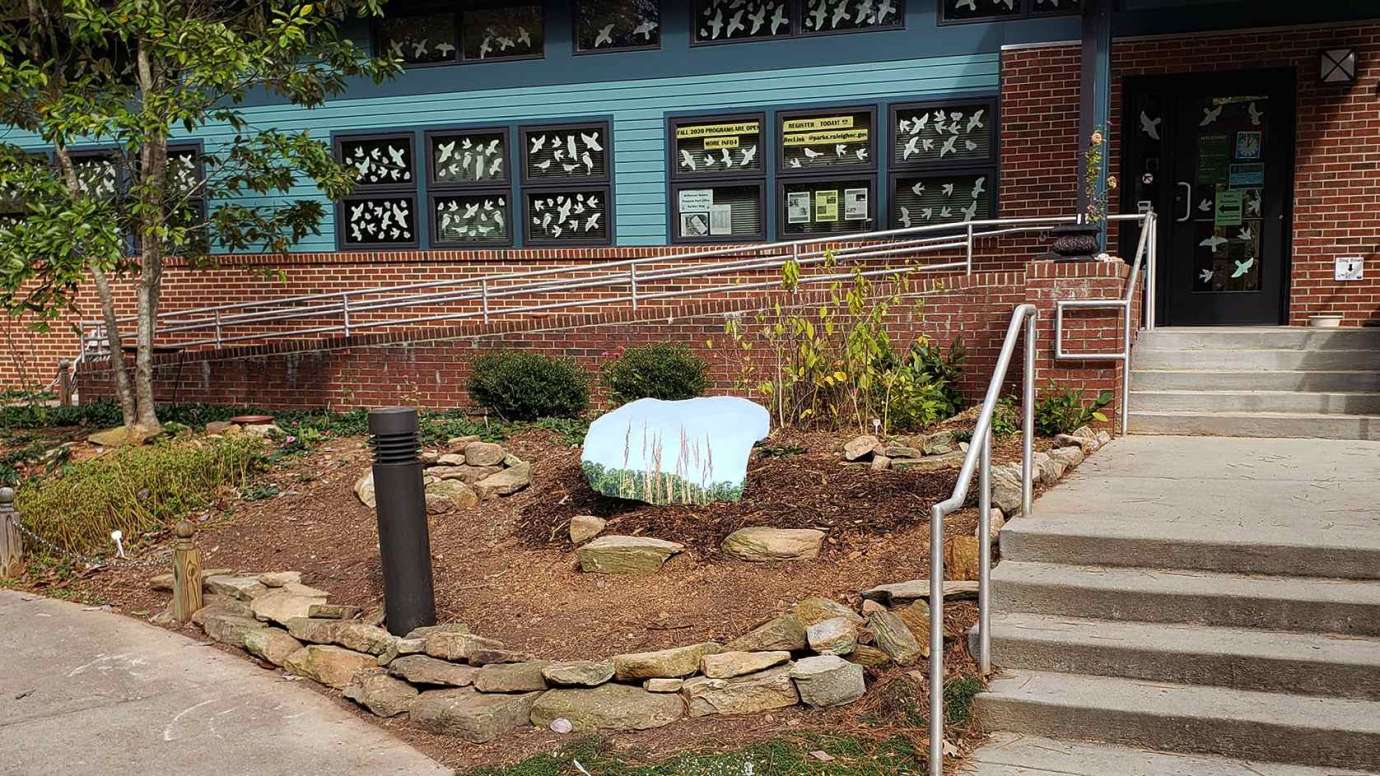 An installation by Scott Hazard called Hidden Rock #1, outside of Annie Louise Wilkerson, MD Nature Preserve Park