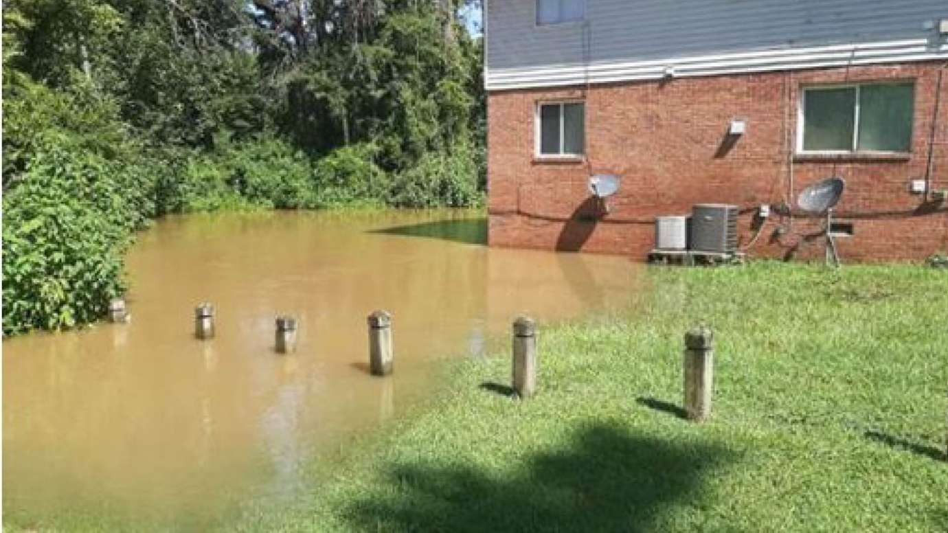 Flood waters from Dacian Road near a home. 