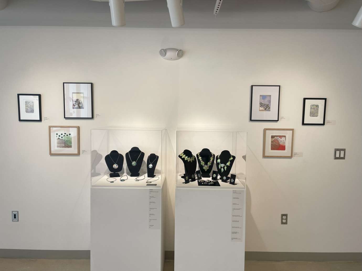 Display cases with jewelry and framed artwork hanging on the wall. 