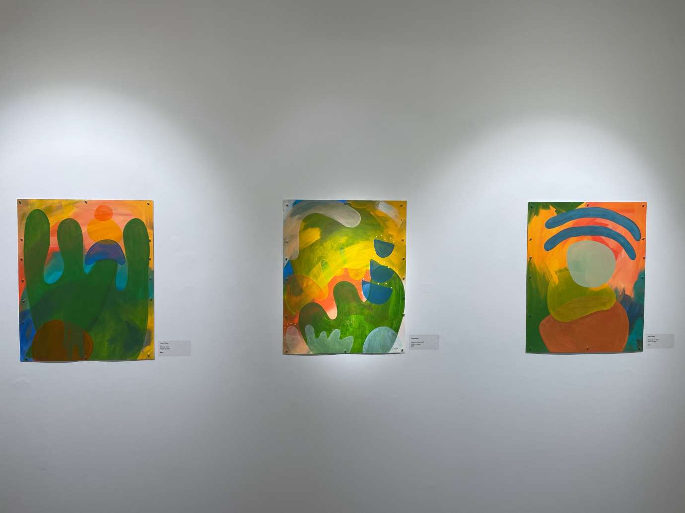 Three colorful rectangular artworks hung in a row on a gallery wall.