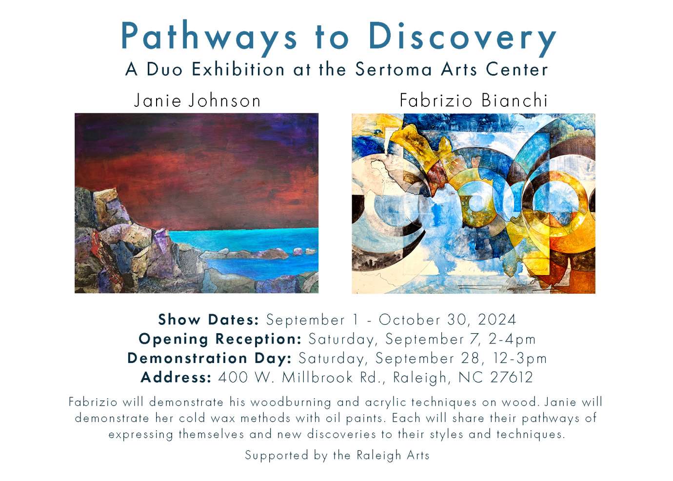 Exhibit Card featuring artworks by Janie Johnson and Fabrizio Bianchi