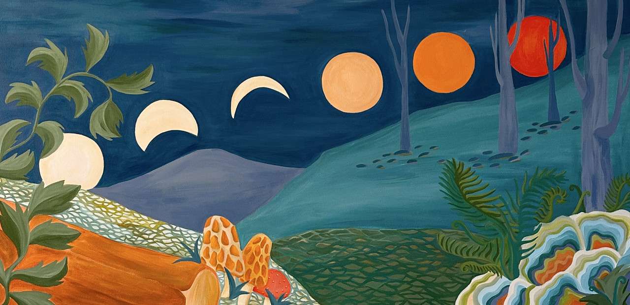 Landscape with moons moving across a whimsical hilly night scene