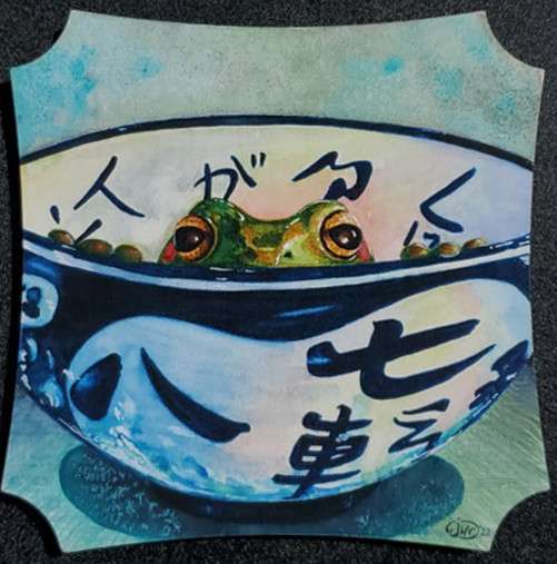 Painting of a frog peeking out of a blue and white bowl with asian letters.