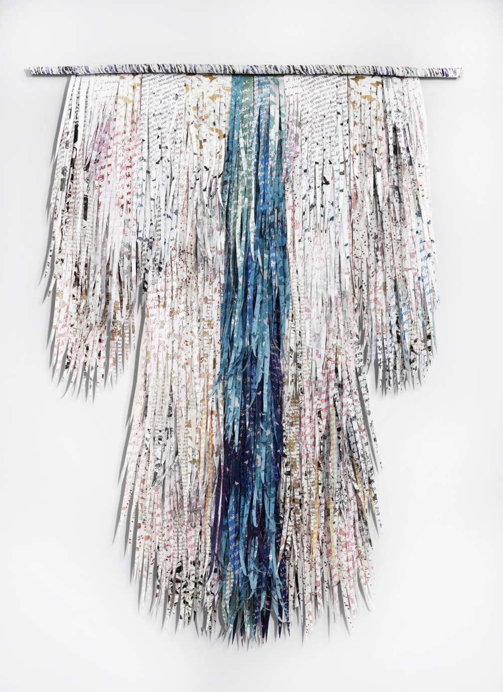 Two dimensional fiber sculpture with feather like fabric making a kimono-like shape in white with a blue stripe down the middle.  