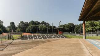 The start of the Capital City BMX track, with several dirt racing lanes 