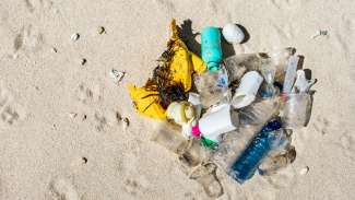 Heap of different plastic garbage on beach