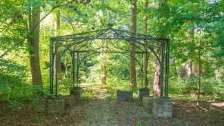 Metal pergola on stone path in woods