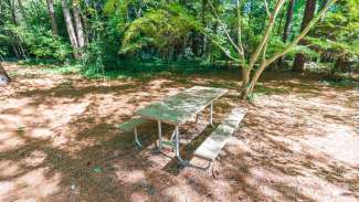 Picnic table with trees in background.