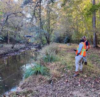 Stormwater staff inspecting stream