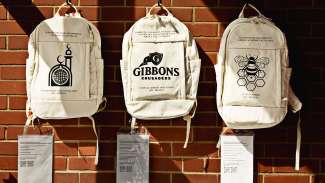 3 backpacks hang on a wall