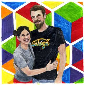 A portrait drawing of Crystal Bone and Josh Brousseau by Deborah Aschheim