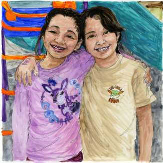 A portrait drawing of Cynthia and Emeli by Deborah Aschheim