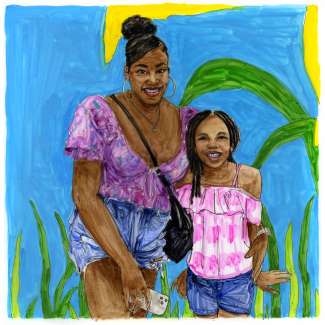 A portrait drawing of Deisha Hughes and Alani by Deborah Aschheim