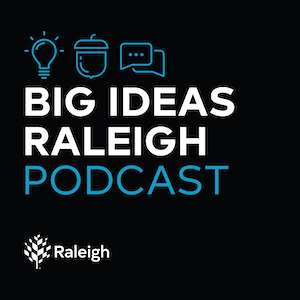 Logo for Big Ideas Raleigh Podcast includes Raleigh logo and acorn, lightbulb, and talk icons