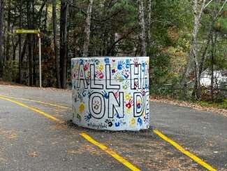 Image of colorful mural on a sewer device. 