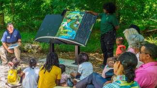 3-foot-tall outdoor storybook Norman Builds a Park at Walnut Creek Wetland Park