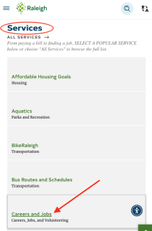 Screenshot of Services section on raleighnc.gov with arrow showing "Careers and Jobs" link