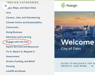 screenshot of home page hamburger menu showing the drop down menu with Engage with the City circled in red