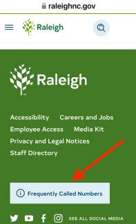 A screenshot of Raleigh's website footer banner with a link to frequently called numbers.