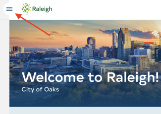 Screenshot of Raleighnc.gov with a read arrow pointing at the hamburger menu