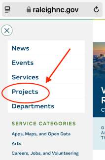 Screenshot of the core service hamburger menu on homepage with Projects circled in red