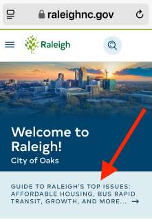 Screenshot highlighting the Top Issues link on the homepage of raleighnc.gov.